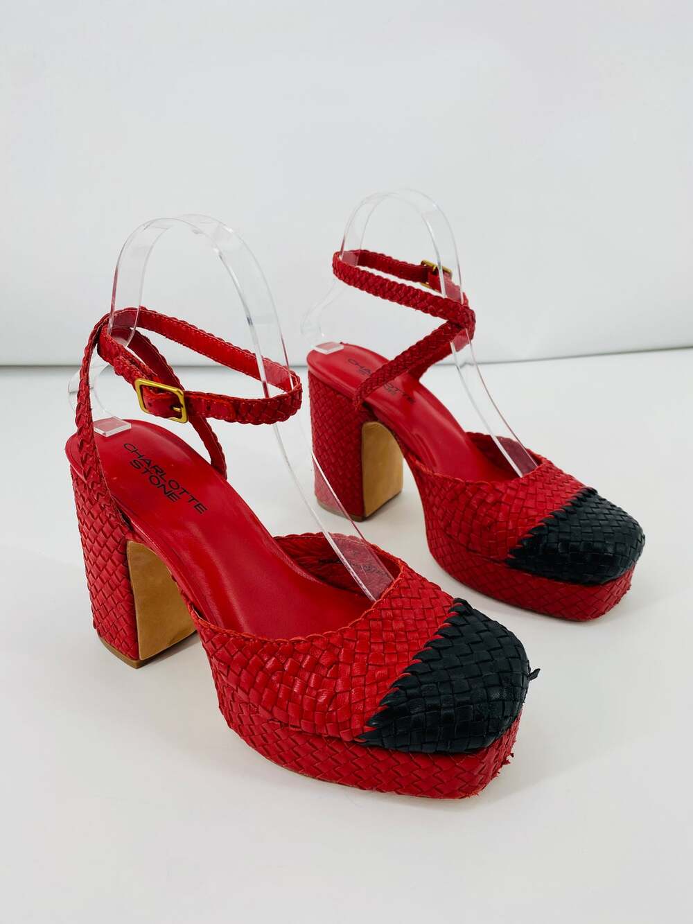Charlotte Stone red black weaved leather platform heels